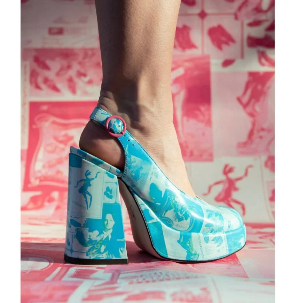 John Fluevog Blue/White Ternura Chunky Heeled Slingback Sandals